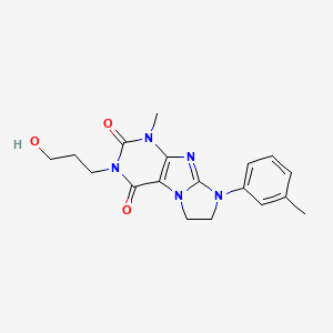 molecular formula C18H21N5O3 B2590339 2-(3-Hydroxypropyl)-4-methyl-6-(3-methylphenyl)-7,8-dihydropurino[7,8-a]imidazole-1,3-dione CAS No. 893955-65-2