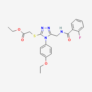 molecular formula C22H23FN4O4S B2590365 ethyl 2-((4-(4-ethoxyphenyl)-5-((2-fluorobenzamido)methyl)-4H-1,2,4-triazol-3-yl)thio)acetate CAS No. 689747-69-1