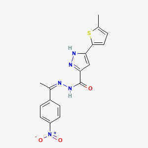 molecular formula C17H15N5O3S B2590396 (Z)-3-(5-methylthiophen-2-yl)-N'-(1-(4-nitrophenyl)ethylidene)-1H-pyrazole-5-carbohydrazide CAS No. 1285541-34-5