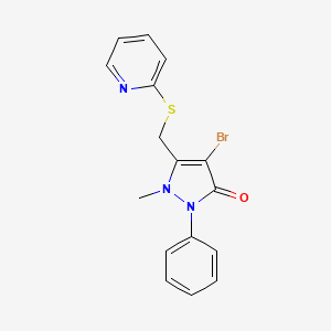 molecular formula C16H14BrN3OS B2590458 4-Bromo-2-methyl-1-phenyl-3-(2-pyridylthiomethyl)-3-pyrazolin-5-one CAS No. 1024324-23-9
