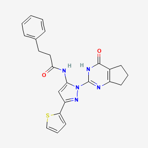 N-(1-(4-oxo-4,5,6,7-tetrahydro-3H-cyclopenta[d]pyrimidin-2-yl)-3-(thiophen-2-yl)-1H-pyrazol-5-yl)-3-phenylpropanamide