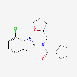 molecular formula C18H21ClN2O2S B2590613 N-(4-chlorobenzo[d]thiazol-2-yl)-N-((tetrahydrofuran-2-yl)methyl)cyclopentanecarboxamide CAS No. 1172351-93-7