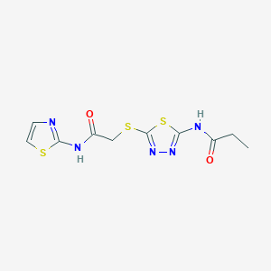 molecular formula C10H11N5O2S3 B2590662 N-(5-((2-oxo-2-(thiazol-2-ylamino)ethyl)thio)-1,3,4-thiadiazol-2-yl)propionamide CAS No. 392299-47-7