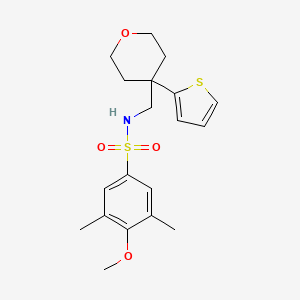 molecular formula C19H25NO4S2 B2590669 4-methoxy-3,5-dimethyl-N-((4-(thiophen-2-yl)tetrahydro-2H-pyran-4-yl)methyl)benzenesulfonamide CAS No. 1203032-38-5