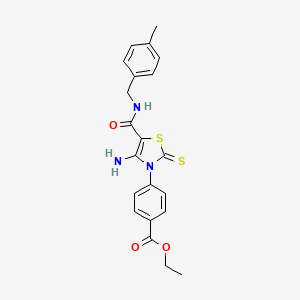 molecular formula C21H21N3O3S2 B2590799 ethyl 4-(4-amino-5-((4-methylbenzyl)carbamoyl)-2-thioxothiazol-3(2H)-yl)benzoate CAS No. 946370-75-8