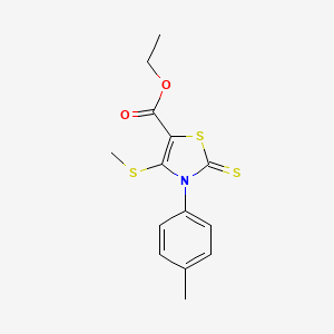 molecular formula C14H15NO2S3 B2590803 Ethyl 3-(4-methylphenyl)-4-(methylsulfanyl)-2-thioxo-2,3-dihydro-1,3-thiazole-5-carboxylate CAS No. 478261-54-0