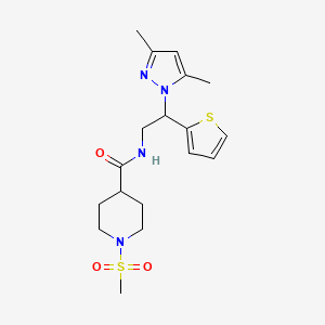 molecular formula C18H26N4O3S2 B2590831 N-(2-(3,5-dimethyl-1H-pyrazol-1-yl)-2-(thiophen-2-yl)ethyl)-1-(methylsulfonyl)piperidine-4-carboxamide CAS No. 2034497-26-0