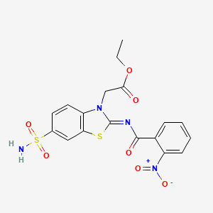 molecular formula C18H16N4O7S2 B2591026 (Z)-ethyl 2-(2-((2-nitrobenzoyl)imino)-6-sulfamoylbenzo[d]thiazol-3(2H)-yl)acetate CAS No. 887210-60-8