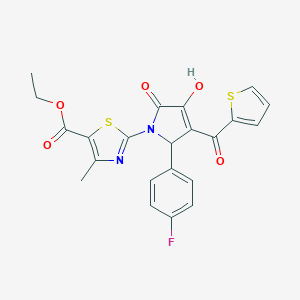 molecular formula C22H17FN2O5S2 B259110 ethyl 2-{(3E)-2-(4-fluorophenyl)-3-[hydroxy(thiophen-2-yl)methylidene]-4,5-dioxopyrrolidin-1-yl}-4-methyl-1,3-thiazole-5-carboxylate 