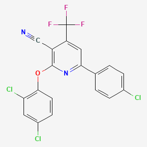 molecular formula C19H8Cl3F3N2O B2591105 6-(4-Chlorophenyl)-2-(2,4-dichlorophenoxy)-4-(trifluoromethyl)pyridine-3-carbonitrile CAS No. 338963-47-6