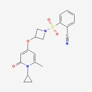 molecular formula C19H19N3O4S B2591121 2-((3-((1-Cyclopropyl-6-methyl-2-oxo-1,2-dihydropyridin-4-yl)oxy)azetidin-1-yl)sulfonyl)benzonitrile CAS No. 2034290-45-2