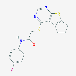 molecular formula C17H14FN3OS2 B259121 2-(6,7-dihydro-5H-cyclopenta[4,5]thieno[2,3-d]pyrimidin-4-ylsulfanyl)-N-(4-fluorophenyl)acetamide 