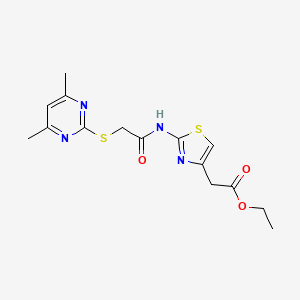 molecular formula C15H18N4O3S2 B2591217 2-(2-(2-((4,6-二甲基嘧啶-2-基)硫代)乙酰氨基)噻唑-4-基)乙酸乙酯 CAS No. 488103-69-1