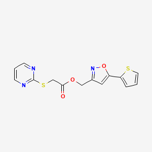 molecular formula C14H11N3O3S2 B2591253 (5-(噻吩-2-基)异恶唑-3-基)甲基 2-(嘧啶-2-硫基)乙酸酯 CAS No. 1203105-04-7