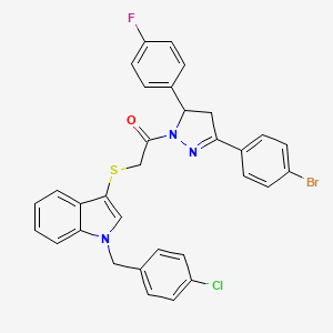 molecular formula C32H24BrClFN3OS B2591254 1-[5-(4-Bromophenyl)-3-(4-fluorophenyl)-3,4-dihydropyrazol-2-yl]-2-[1-[(4-chlorophenyl)methyl]indol-3-yl]sulfanylethanone CAS No. 681280-39-7