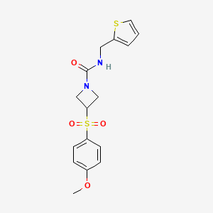 molecular formula C16H18N2O4S2 B2591271 3-((4-methoxyphenyl)sulfonyl)-N-(thiophen-2-ylmethyl)azetidine-1-carboxamide CAS No. 1796970-17-6