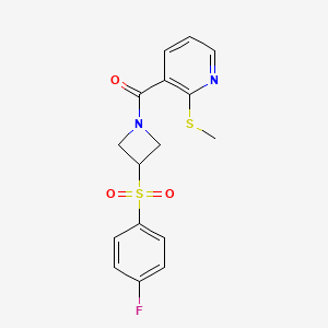molecular formula C16H15FN2O3S2 B2591383 (3-((4-氟苯基)磺酰基)氮杂环丁-1-基)(2-(甲硫基)吡啶-3-基)甲酮 CAS No. 1797688-82-4