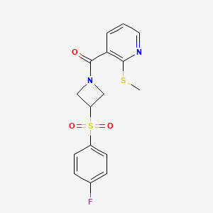 molecular formula C16H15FN2O3S2 B2591383 (3-((4-フルオロフェニル)スルホニル)アゼチジン-1-イル)(2-(メチルチオ)ピリジン-3-イル)メタノン CAS No. 1797688-82-4