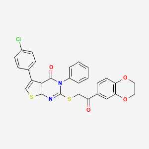 molecular formula C28H19ClN2O4S2 B2591431 5-(4-Chlorophenyl)-2-[2-(2,3-dihydro-1,4-benzodioxin-6-yl)-2-oxoethyl]sulfanyl-3-phenylthieno[2,3-d]pyrimidin-4-one CAS No. 690642-91-2
