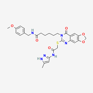 molecular formula C29H32N6O6S B2591473 N-(4-methoxybenzyl)-6-[6-({2-[(5-methyl-1H-pyrazol-3-yl)amino]-2-oxoethyl}thio)-8-oxo[1,3]dioxolo[4,5-g]quinazolin-7(8H)-yl]hexanamide CAS No. 896681-93-9