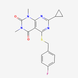 molecular formula C18H17FN4O2S B2591478 7-cyclopropyl-5-((4-fluorobenzyl)thio)-1,3-dimethylpyrimido[4,5-d]pyrimidine-2,4(1H,3H)-dione CAS No. 863003-21-8