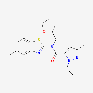 molecular formula C21H26N4O2S B2591483 N-(5,7-dimethylbenzo[d]thiazol-2-yl)-1-ethyl-3-methyl-N-((tetrahydrofuran-2-yl)methyl)-1H-pyrazole-5-carboxamide CAS No. 1171376-84-3