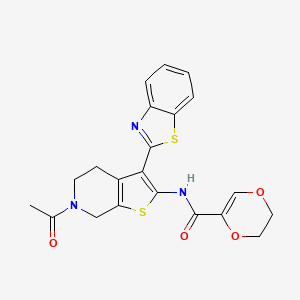 molecular formula C21H19N3O4S2 B2591511 N-(6-アセチル-3-(ベンゾ[d]チアゾール-2-イル)-4,5,6,7-テトラヒドロチエノ[2,3-c]ピリジン-2-イル)-5,6-ジヒドロ-1,4-ジオキシン-2-カルボキサミド CAS No. 887897-41-8