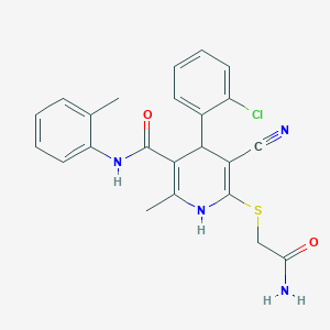 molecular formula C23H21ClN4O2S B2591513 6-(2-氨基-2-氧代乙基)硫代-4-(2-氯苯基)-5-氰基-2-甲基-N-(2-甲苯基)-1,4-二氢吡啶-3-甲酰胺 CAS No. 374909-18-9
