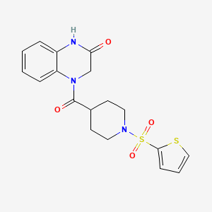 molecular formula C18H19N3O4S2 B2591552 4-(1-Thiophen-2-ylsulfonylpiperidine-4-carbonyl)-1,3-dihydroquinoxalin-2-one CAS No. 778620-55-6