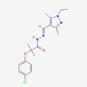 2-(4-chlorophenoxy)-N-[(E)-(1-ethyl-3,5-dimethylpyrazol-4-yl)methylideneamino]-2-methylpropanamide