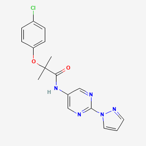 N-(2-(1H-pyrazol-1-yl)pyrimidin-5-yl)-2-(4-chlorophenoxy)-2-methylpropanamide