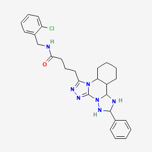 molecular formula C27H22ClN7O B2591605 N-[(2-chlorophenyl)methyl]-4-{9-phenyl-2,4,5,7,8,10-hexaazatetracyclo[10.4.0.0^{2,6}.0^{7,11}]hexadeca-1(16),3,5,8,10,12,14-heptaen-3-yl}butanamide CAS No. 902622-00-8