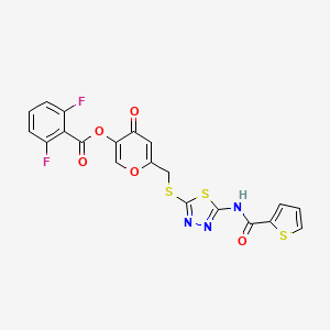 molecular formula C20H11F2N3O5S3 B2591609 4-oxo-6-(((5-(thiophene-2-carboxamido)-1,3,4-thiadiazol-2-yl)thio)methyl)-4H-pyran-3-yl 2,6-difluorobenzoate CAS No. 877643-09-9