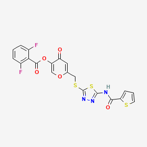 molecular formula C20H11F2N3O5S3 B2591609 2,6-二氟苯甲酸4-氧代-6-(( (5-(噻吩-2-甲酰胺)-1,3,4-噻二唑-2-基)硫)甲基)-4H-吡喃-3-基酯 CAS No. 877643-09-9