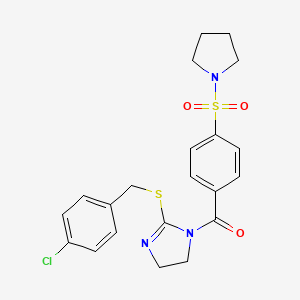 molecular formula C21H22ClN3O3S2 B2591634 (2-((4-chlorobenzyl)thio)-4,5-dihydro-1H-imidazol-1-yl)(4-(pyrrolidin-1-ylsulfonyl)phenyl)methanone CAS No. 851801-93-9