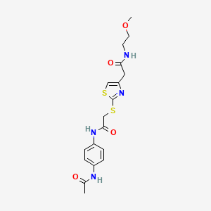 molecular formula C18H22N4O4S2 B2591673 N-(4-acetamidophenyl)-2-((4-(2-((2-methoxyethyl)amino)-2-oxoethyl)thiazol-2-yl)thio)acetamide CAS No. 941937-16-2
