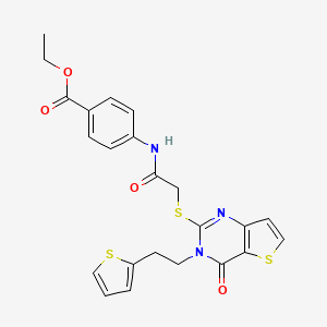 molecular formula C23H21N3O4S3 B2591683 Ethyl 4-{[({4-oxo-3-[2-(thiophen-2-yl)ethyl]-3,4-dihydrothieno[3,2-d]pyrimidin-2-yl}sulfanyl)acetyl]amino}benzoate CAS No. 1260947-43-0