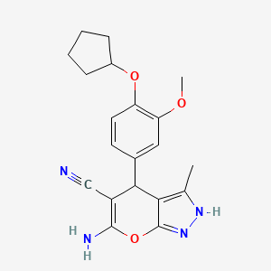 molecular formula C20H22N4O3 B2591714 6-Amino-4-[4-(cyclopentyloxy)-3-methoxyphenyl]-3-methyl-2,4-dihydropyrano[2,3-c]pyrazole-5-carbonitrile CAS No. 939893-98-8