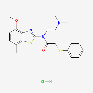 molecular formula C21H26ClN3O2S2 B2591740 N-(2-(dimethylamino)ethyl)-N-(4-methoxy-7-methylbenzo[d]thiazol-2-yl)-2-(phenylthio)acetamide hydrochloride CAS No. 1215794-51-6