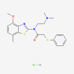 molecular formula C21H26ClN3O2S2 B2591740 盐酸N-(2-(二甲氨基)乙基)-N-(4-甲氧基-7-甲基苯并[d]噻唑-2-基)-2-(苯硫基)乙酰胺 CAS No. 1215794-51-6