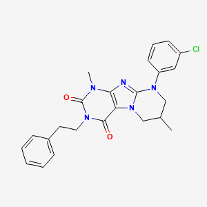 molecular formula C24H24ClN5O2 B2591749 9-(3-chlorophenyl)-1,7-dimethyl-3-phenethyl-6,7,8,9-tetrahydropyrimido[2,1-f]purine-2,4(1H,3H)-dione CAS No. 877617-73-7