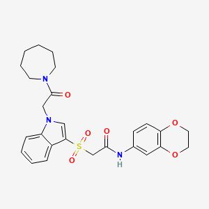 molecular formula C26H29N3O6S B2591843 2-((1-(2-(azepan-1-yl)-2-oxoethyl)-1H-indol-3-yl)sulfonyl)-N-(2,3-dihydrobenzo[b][1,4]dioxin-6-yl)acetamide CAS No. 878059-50-8