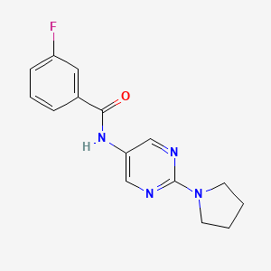 molecular formula C15H15FN4O B2591847 3-氟-N~1~-[2-(1-吡咯烷基)-5-嘧啶基]苯甲酰胺 CAS No. 1357792-45-0