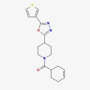 molecular formula C18H21N3O2S B2591848 Cyclohex-3-en-1-yl(4-(5-(thiophen-3-yl)-1,3,4-oxadiazol-2-yl)piperidin-1-yl)methanone CAS No. 1448076-80-9