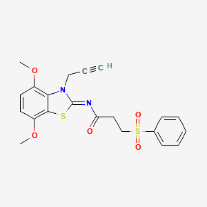 molecular formula C21H20N2O5S2 B2591929 (E)-N-(4,7-dimethoxy-3-(prop-2-yn-1-yl)benzo[d]thiazol-2(3H)-ylidene)-3-(phenylsulfonyl)propanamide CAS No. 1322286-39-4