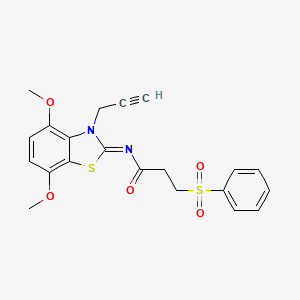 molecular formula C21H20N2O5S2 B2591929 (E)-N-(4,7-二甲氧基-3-(丙-2-炔-1-基)苯并[d]噻唑-2(3H)-亚甲基)-3-(苯磺酰基)丙酰胺 CAS No. 1322286-39-4