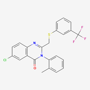 molecular formula C23H16ClF3N2OS B2591931 6-Chloro-3-(2-methylphenyl)-2-[[3-(trifluoromethyl)phenyl]sulfanylmethyl]quinazolin-4-one CAS No. 338965-75-6