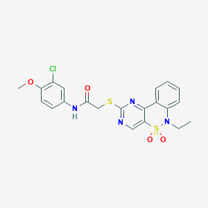 molecular formula C21H19ClN4O4S2 B2591937 N-(3-chloro-4-methoxyphenyl)-2-((6-ethyl-5,5-dioxido-6H-benzo[c]pyrimido[4,5-e][1,2]thiazin-2-yl)thio)acetamide CAS No. 1111245-11-4