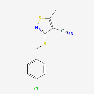 molecular formula C12H9ClN2S2 B2591996 3-[(4-Chlorobenzyl)sulfanyl]-5-methyl-4-isothiazolecarbonitrile CAS No. 338778-09-9