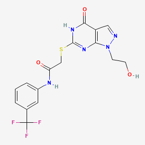molecular formula C16H14F3N5O3S B2592113 2-((1-(2-hydroxyethyl)-4-oxo-4,5-dihydro-1H-pyrazolo[3,4-d]pyrimidin-6-yl)thio)-N-(3-(trifluoromethyl)phenyl)acetamide CAS No. 946332-64-5